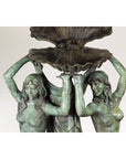 Bronze Greco Roman three nymph fountain with long-haired women holding an open clam shell, full view.