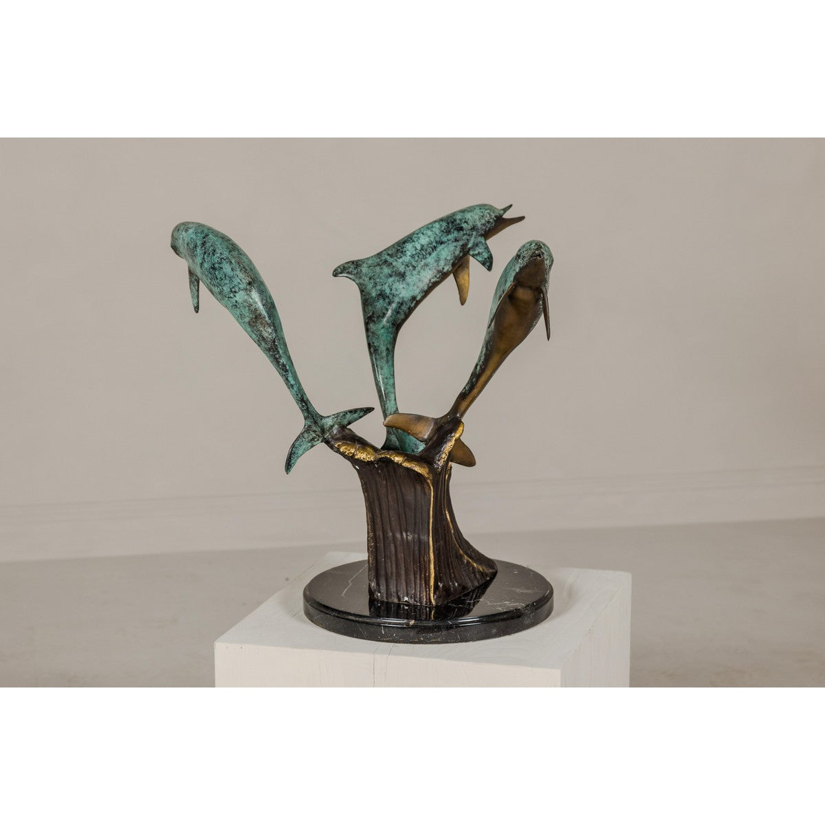 Bronze Triple Dolphin Table Base Sculpture with Verdigri Patina and Marble Stand-11. Asian & Chinese Furniture, Art, Antiques, Vintage Home Décor for sale at FEA Home