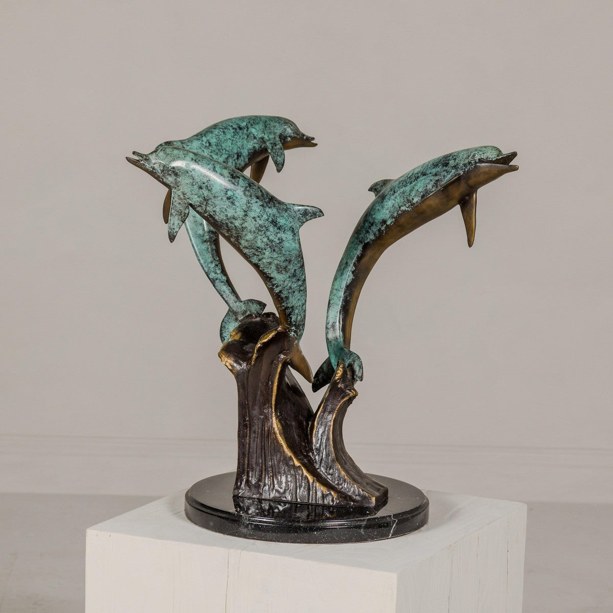 Bronze Triple Dolphin Table Base Sculpture with Verdigri Patina and Marble Stand-12. Asian & Chinese Furniture, Art, Antiques, Vintage Home Décor for sale at FEA Home