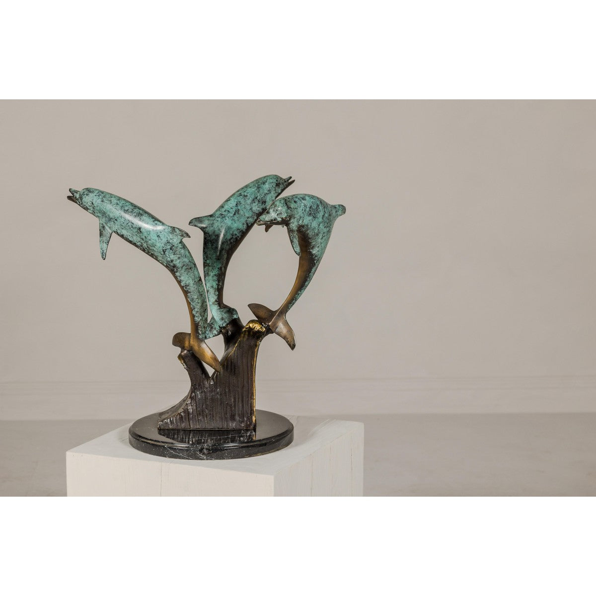 Bronze Triple Dolphin Table Base Sculpture with Verdigri Patina and Marble Stand-3. Asian & Chinese Furniture, Art, Antiques, Vintage Home Décor for sale at FEA Home