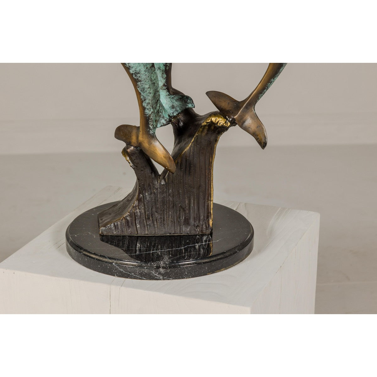 Bronze Triple Dolphin Table Base Sculpture with Verdigri Patina and Marble Stand-4. Asian & Chinese Furniture, Art, Antiques, Vintage Home Décor for sale at FEA Home