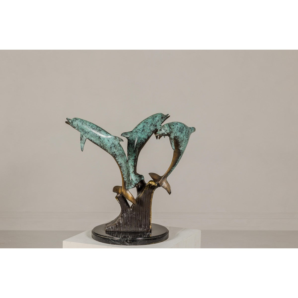 Bronze Triple Dolphin Table Base Sculpture with Verdigri Patina and Marble Stand-6. Asian & Chinese Furniture, Art, Antiques, Vintage Home Décor for sale at FEA Home