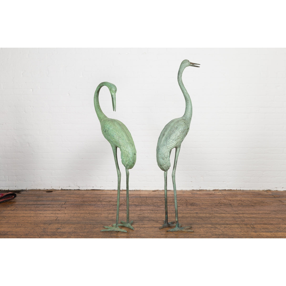 Pair of Mint Green Bronze Crane Fountain Statues-16. Asian & Chinese Furniture, Art, Antiques, Vintage Home Décor for sale at FEA Home