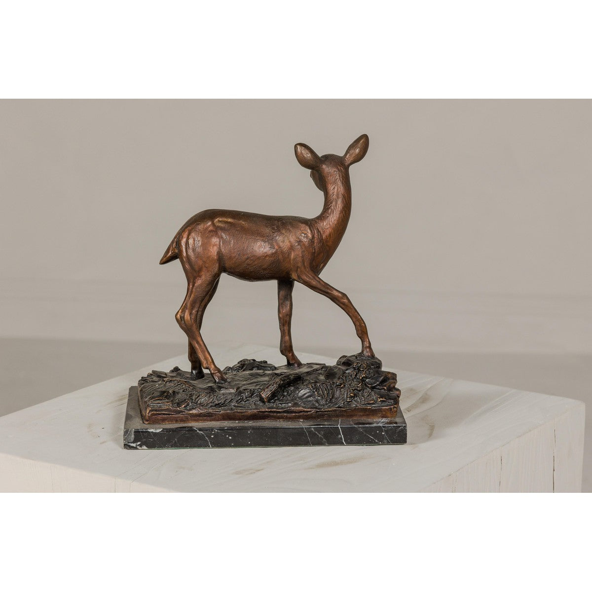Bronze Deer Sculpture Mounted on Marble and Bronze Textured Base-10. Asian & Chinese Furniture, Art, Antiques, Vintage Home Décor for sale at FEA Home