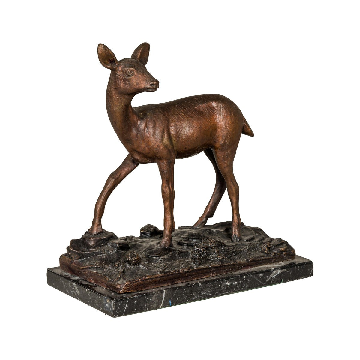 Bronze Deer Sculpture Mounted on Marble and Bronze Textured Base-2. Asian & Chinese Furniture, Art, Antiques, Vintage Home Décor for sale at FEA Home