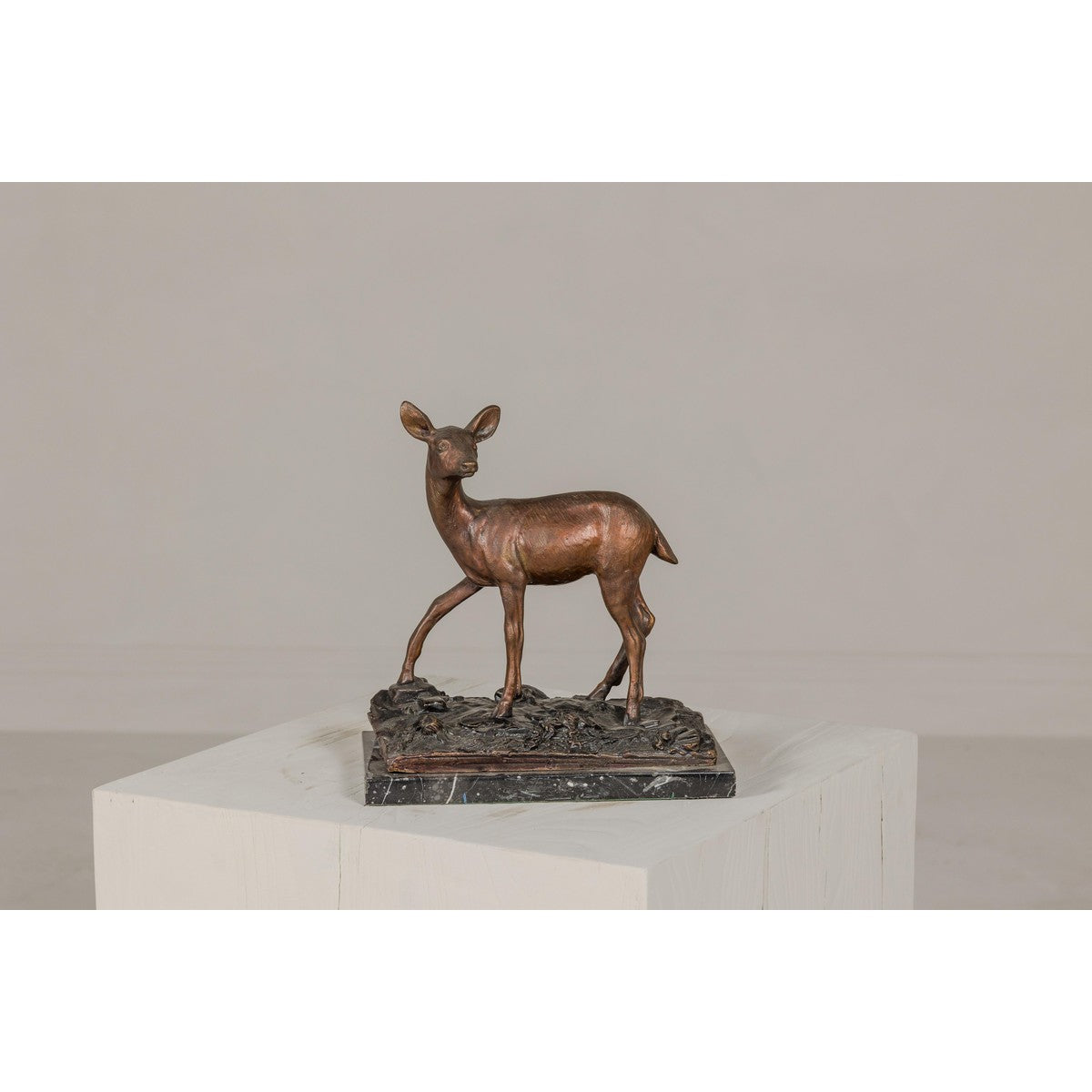 Bronze Deer Sculpture Mounted on Marble and Bronze Textured Base-3. Asian & Chinese Furniture, Art, Antiques, Vintage Home Décor for sale at FEA Home