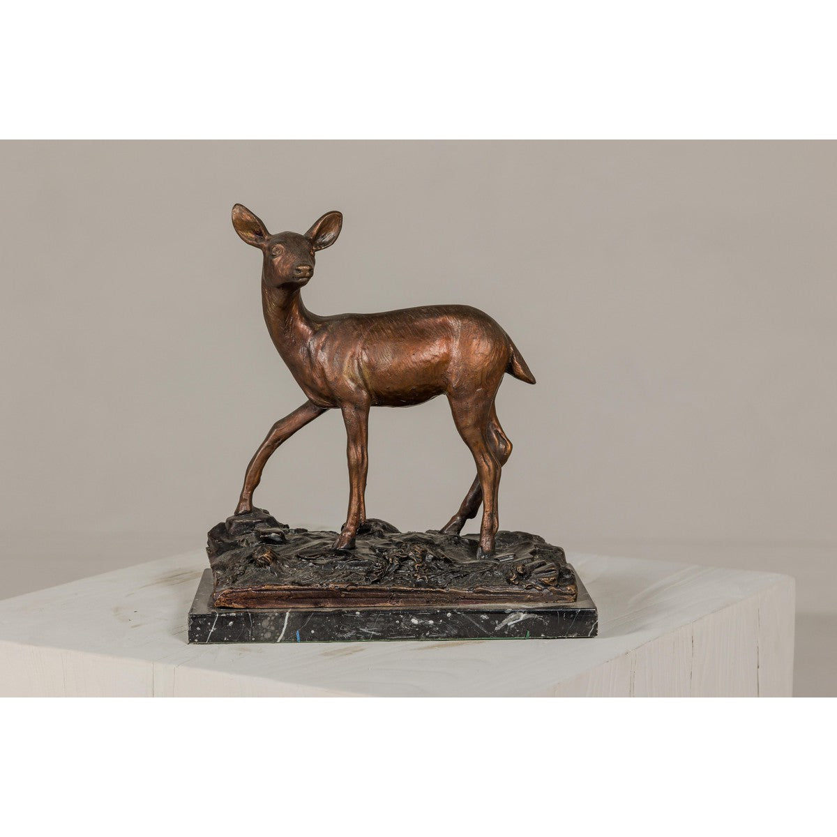 Bronze Deer Sculpture Mounted on Marble and Bronze Textured Base-4. Asian & Chinese Furniture, Art, Antiques, Vintage Home Décor for sale at FEA Home