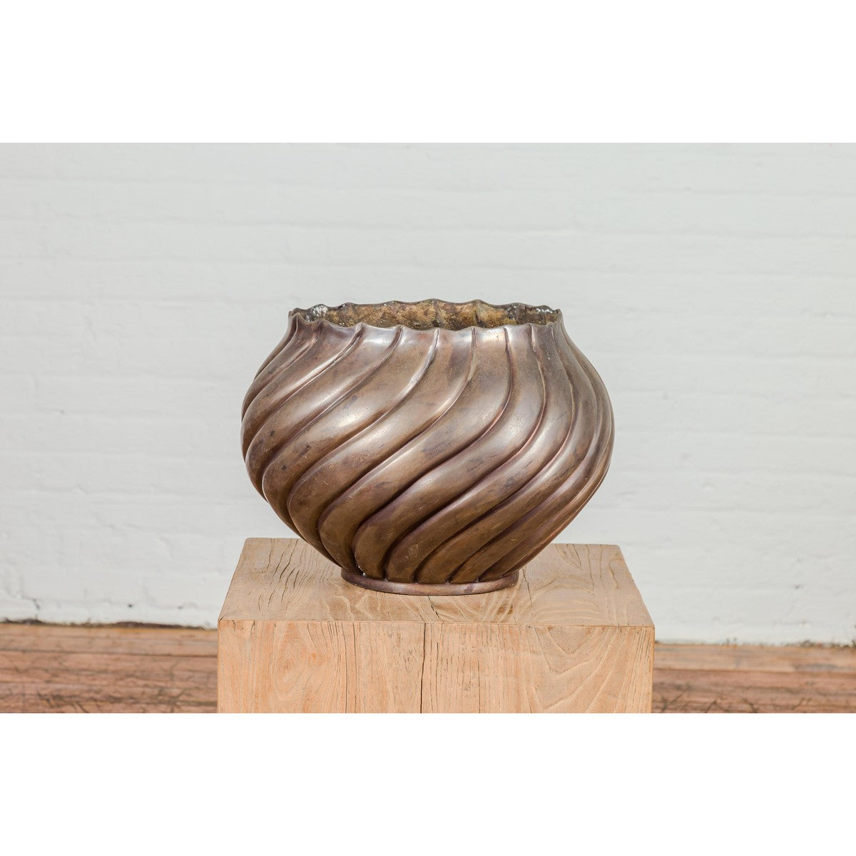 Bronze Cylindrical Urn with Wave Motifs and Scalloped Opening, Pair Available-10. Asian & Chinese Furniture, Art, Antiques, Vintage Home Décor for sale at FEA Home