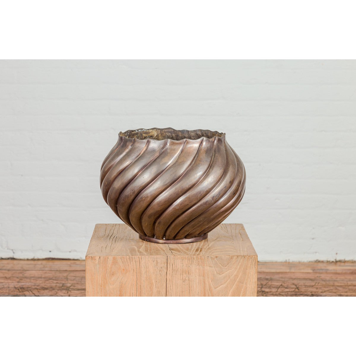 Bronze Cylindrical Urn with Wave Motifs and Scalloped Opening, Pair Available-11. Asian & Chinese Furniture, Art, Antiques, Vintage Home Décor for sale at FEA Home