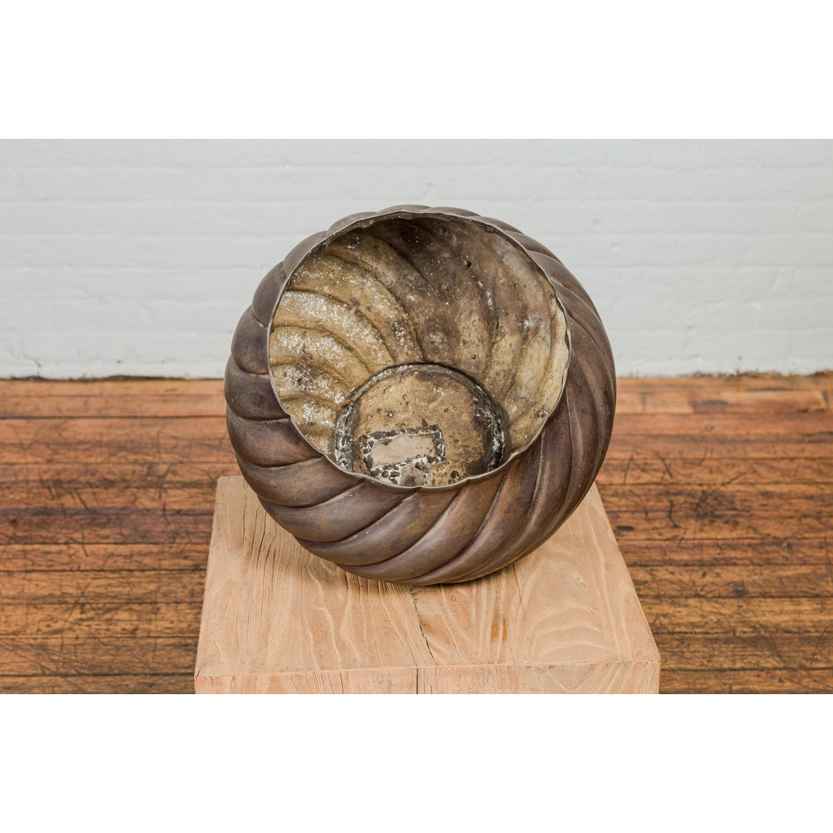 Bronze Cylindrical Urn with Wave Motifs and Scalloped Opening, Pair Available-12. Asian & Chinese Furniture, Art, Antiques, Vintage Home Décor for sale at FEA Home