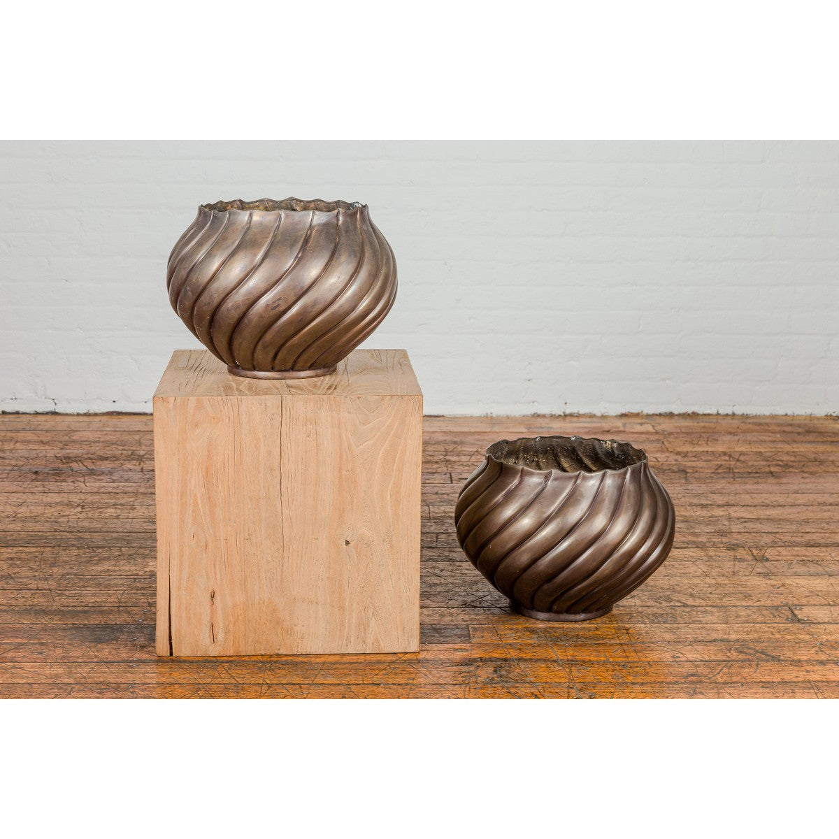 Bronze Cylindrical Urn with Wave Motifs and Scalloped Opening, Pair Available-14. Asian & Chinese Furniture, Art, Antiques, Vintage Home Décor for sale at FEA Home
