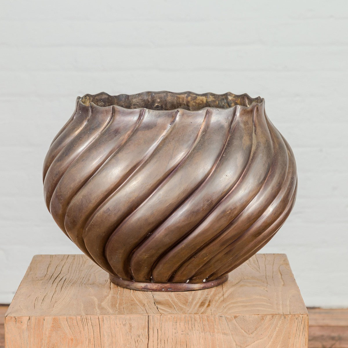 Bronze Cylindrical Urn with Wave Motifs and Scalloped Opening, Pair Available-2. Asian & Chinese Furniture, Art, Antiques, Vintage Home Décor for sale at FEA Home