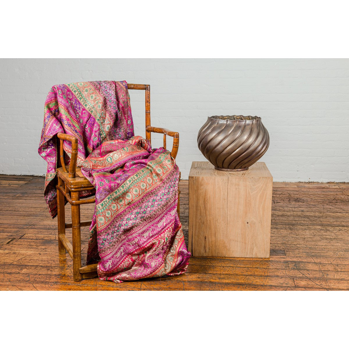 Bronze Cylindrical Urn with Wave Motifs and Scalloped Opening, Pair Available-3. Asian & Chinese Furniture, Art, Antiques, Vintage Home Décor for sale at FEA Home