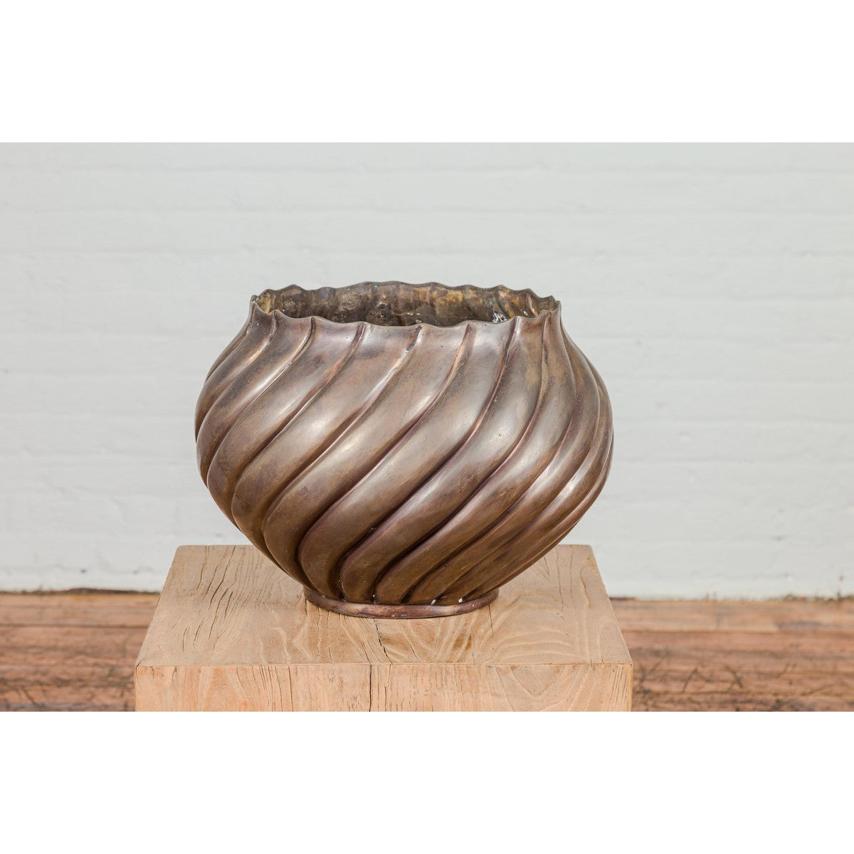 Bronze Cylindrical Urn with Wave Motifs and Scalloped Opening, Pair Available-4. Asian & Chinese Furniture, Art, Antiques, Vintage Home Décor for sale at FEA Home