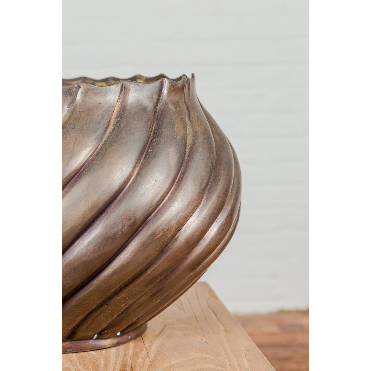 Bronze Cylindrical Urn with Wave Motifs and Scalloped Opening, Pair Available-6. Asian & Chinese Furniture, Art, Antiques, Vintage Home Décor for sale at FEA Home