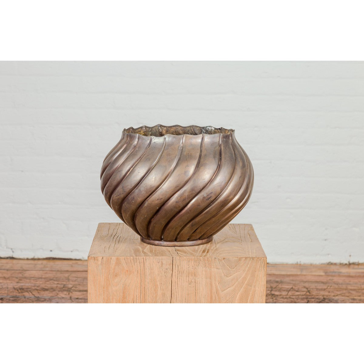 Bronze Cylindrical Urn with Wave Motifs and Scalloped Opening, Pair Available-9. Asian & Chinese Furniture, Art, Antiques, Vintage Home Décor for sale at FEA Home