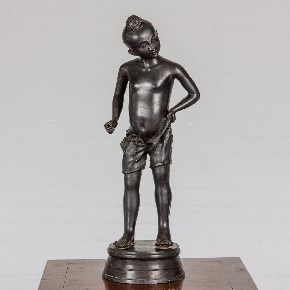 Asian Young Boy Bronze Tabletop Statuette in Dark Patina-3. Asian & Chinese Furniture, Art, Antiques, Vintage Home Décor for sale at FEA Home