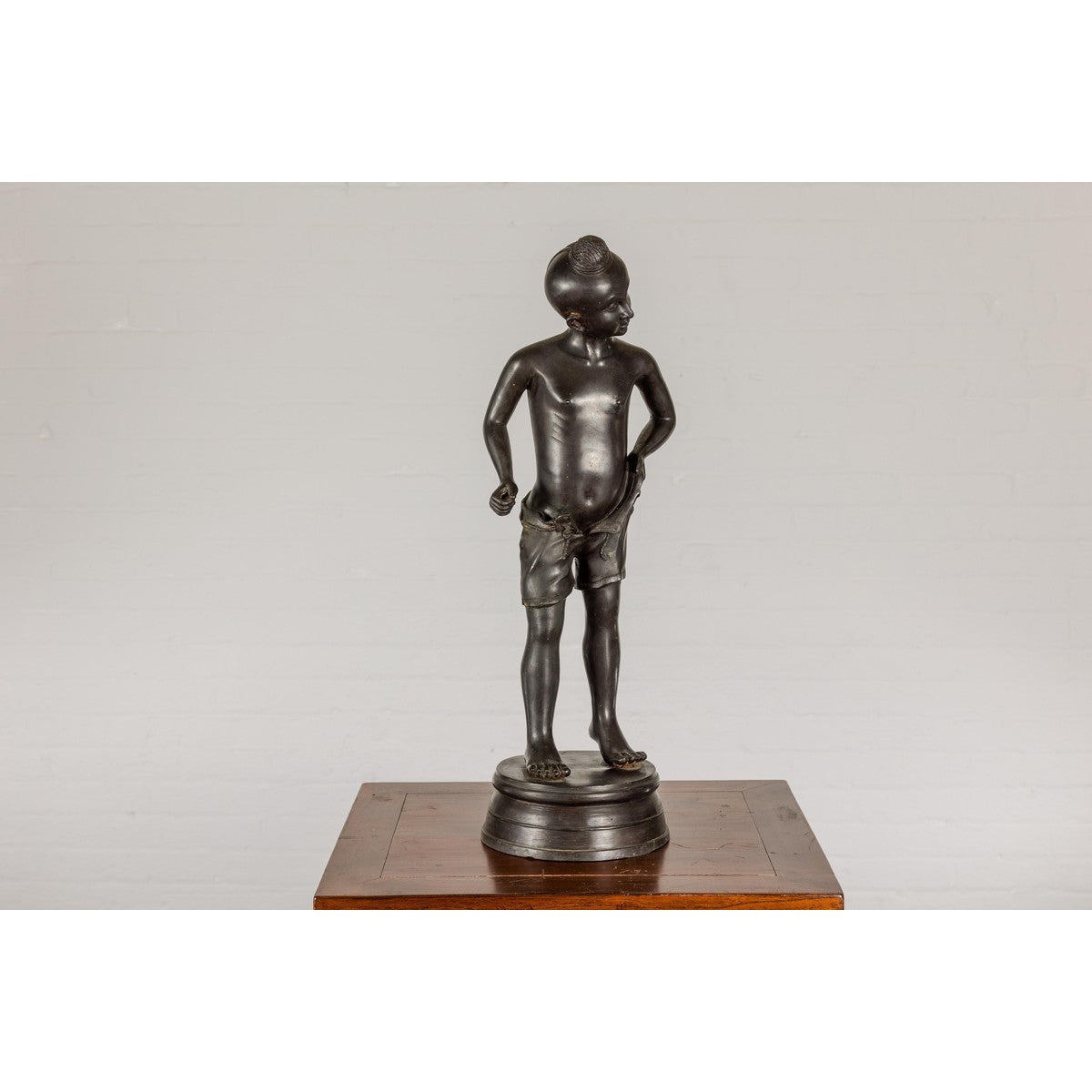 Asian Young Boy Bronze Tabletop Statuette in Dark Patina-9. Asian & Chinese Furniture, Art, Antiques, Vintage Home Décor for sale at FEA Home