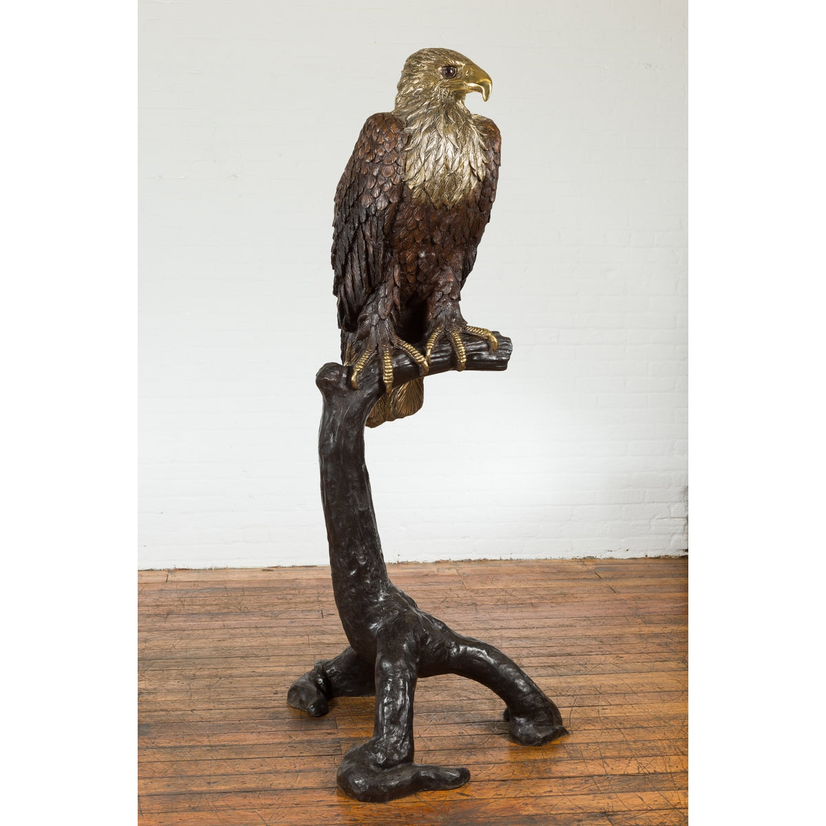 Bronze Statue of an Eagle Perched on a Branch with Gold and Silver Highlights-15. Asian & Chinese Furniture, Art, Antiques, Vintage Home Décor for sale at FEA Home