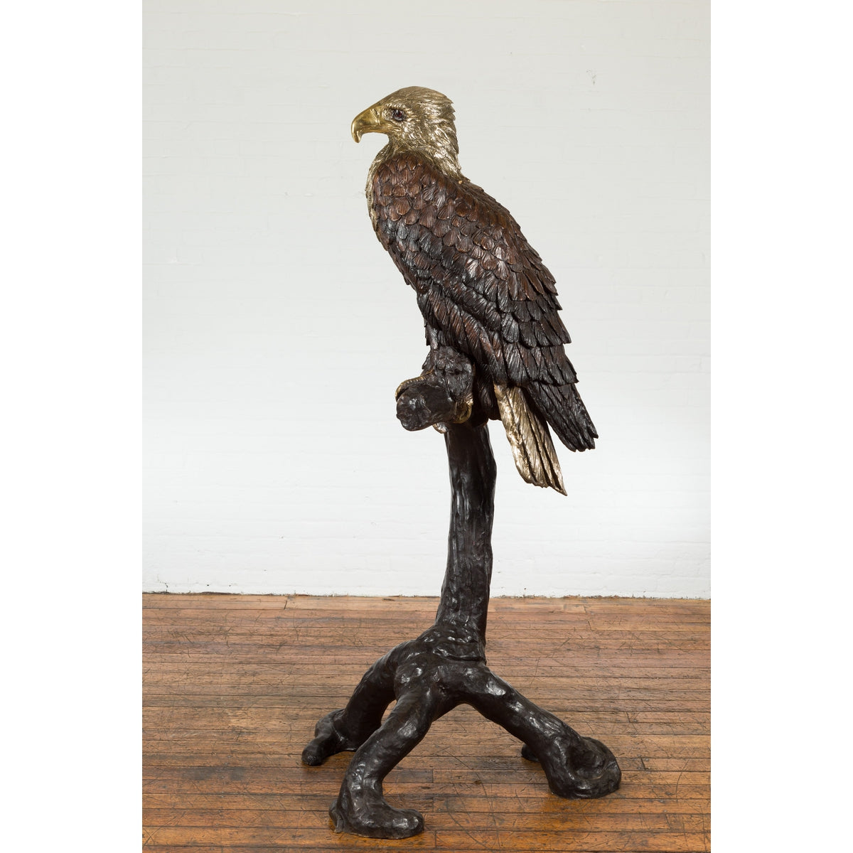 Bronze Statue of an Eagle Perched on a Branch with Gold and Silver Highlights-19. Asian & Chinese Furniture, Art, Antiques, Vintage Home Décor for sale at FEA Home