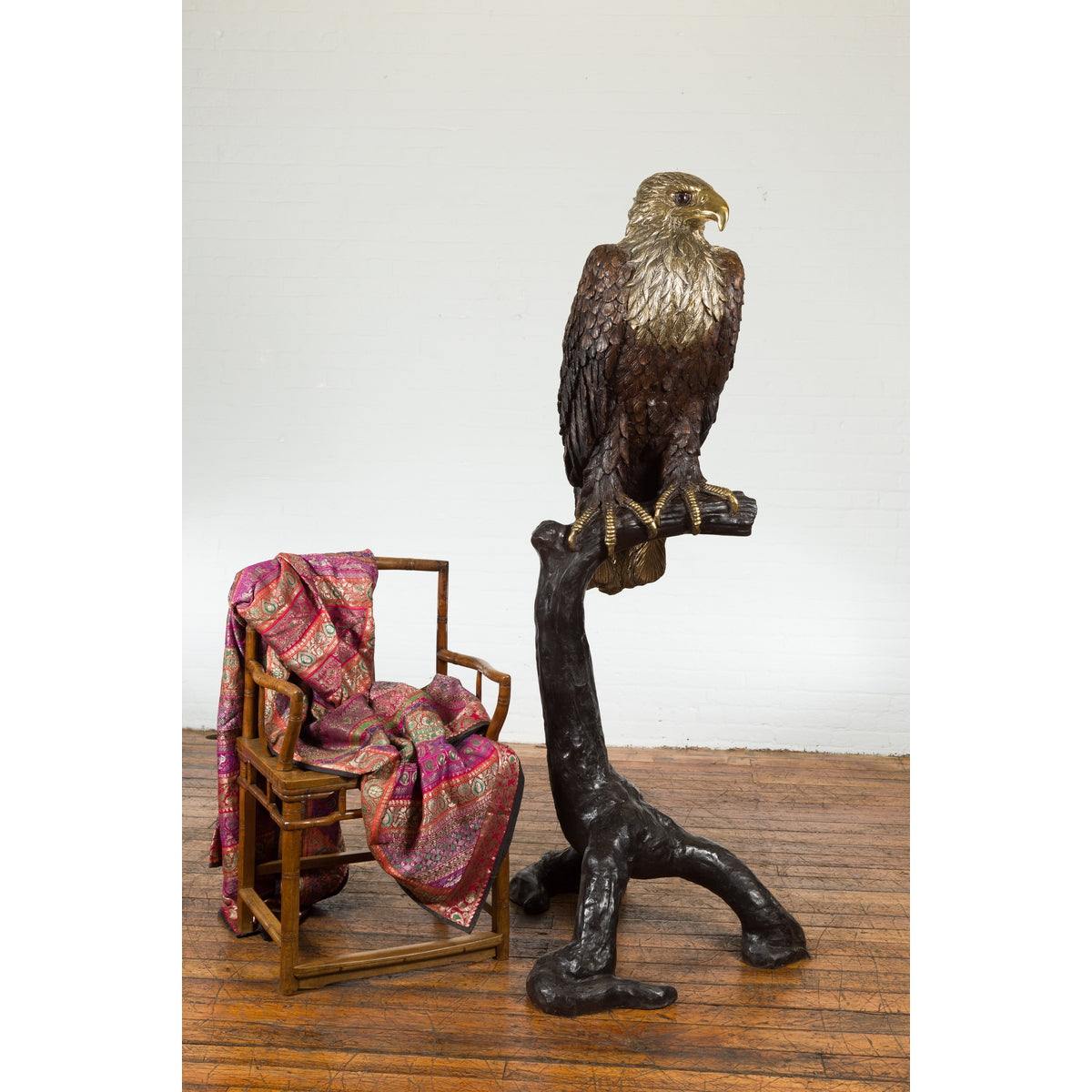 Bronze Statue of an Eagle Perched on a Branch with Gold and Silver Highlights-3. Asian & Chinese Furniture, Art, Antiques, Vintage Home Décor for sale at FEA Home