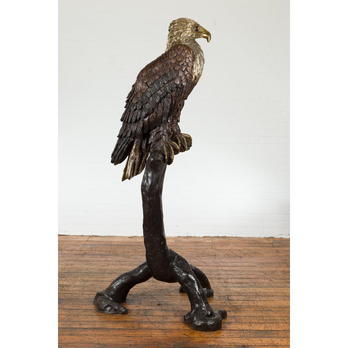 Bronze Statue of an Eagle Perched on a Branch with Gold and Silver Highlights-4. Asian & Chinese Furniture, Art, Antiques, Vintage Home Décor for sale at FEA Home