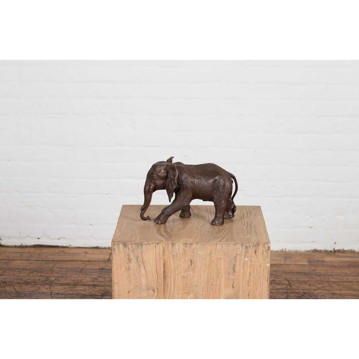 Walking Baby Elephant Lost Wax Cast Bronze Tabletop Sculpture with Dark Patina-5. Asian & Chinese Furniture, Art, Antiques, Vintage Home Décor for sale at FEA Home