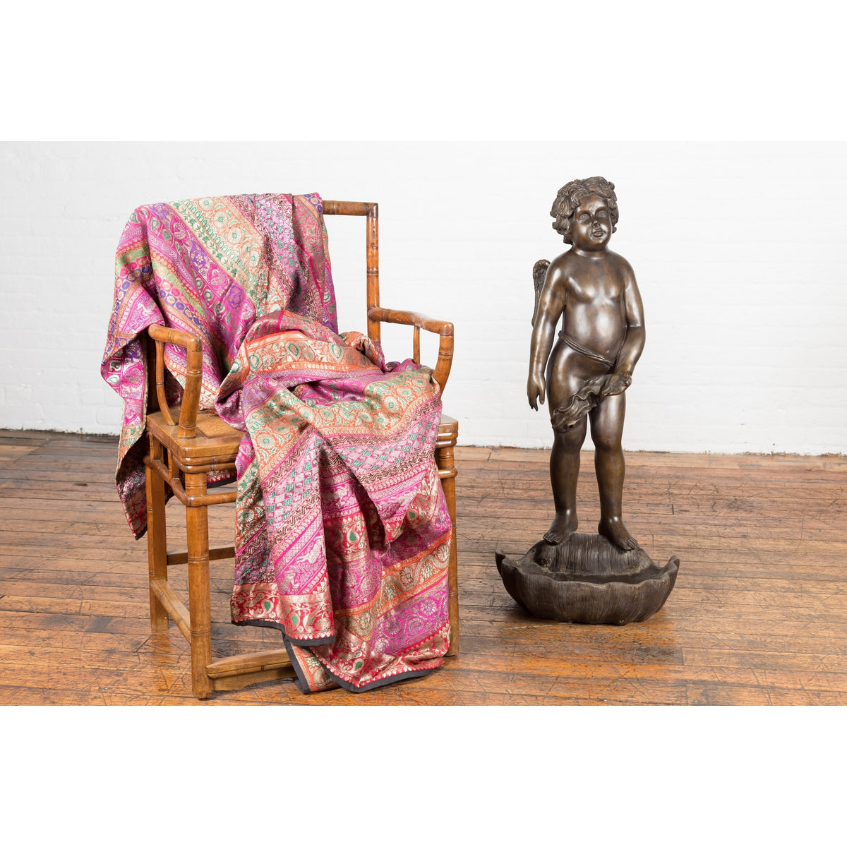 Lost Wax Bronze Statue of a Winged Cherub Standing on a Shell in Dark Patina-3. Asian & Chinese Furniture, Art, Antiques, Vintage Home Décor for sale at FEA Home