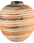 Earth-tone ceramic vase with swirled design and small top opening, close-up view.