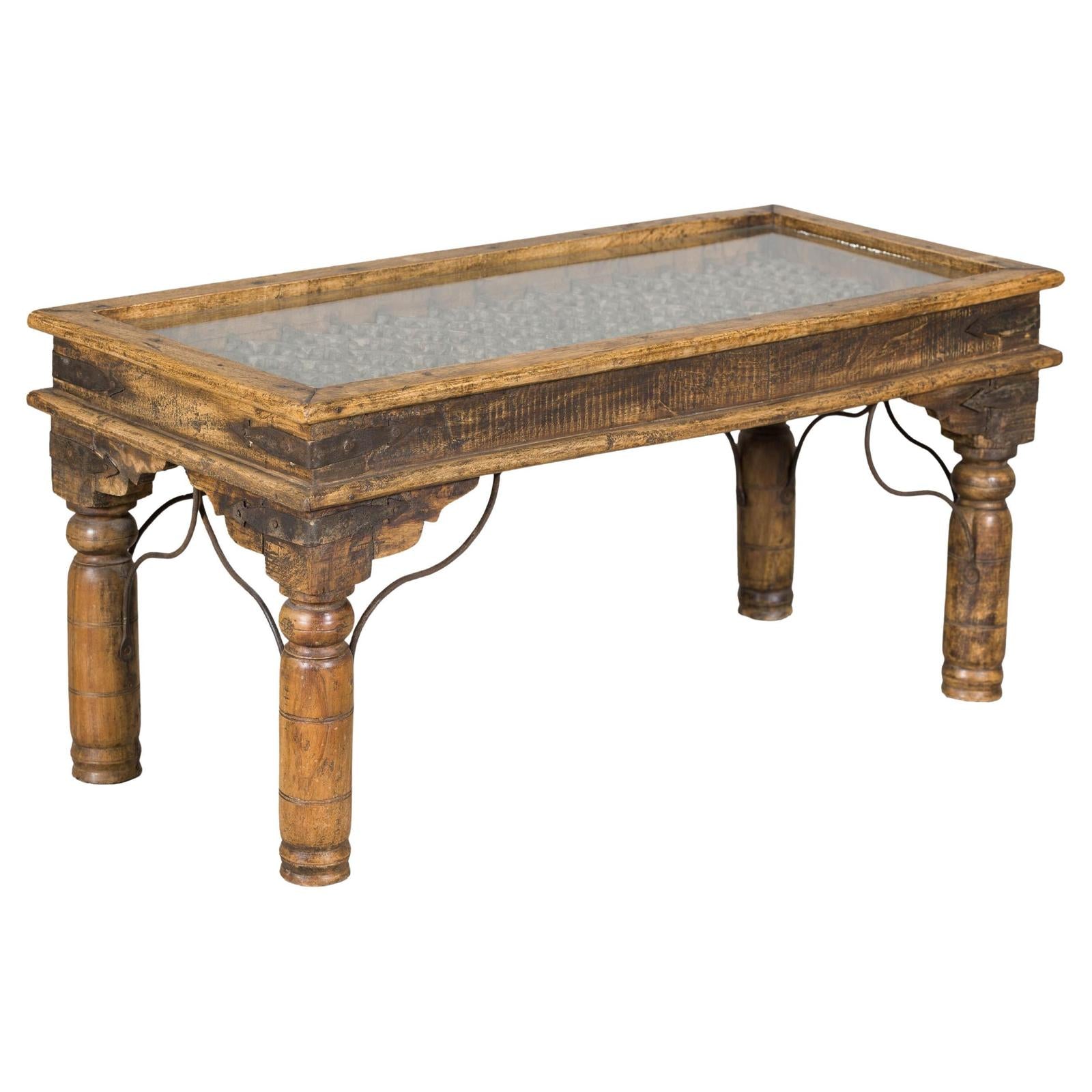 Rustic Coffee Table with Antique Ironwork and Custom Glass - Vintage-1. Asian & Chinese Furniture, Art, Antiques, Vintage Home Décor for sale at FEA Home