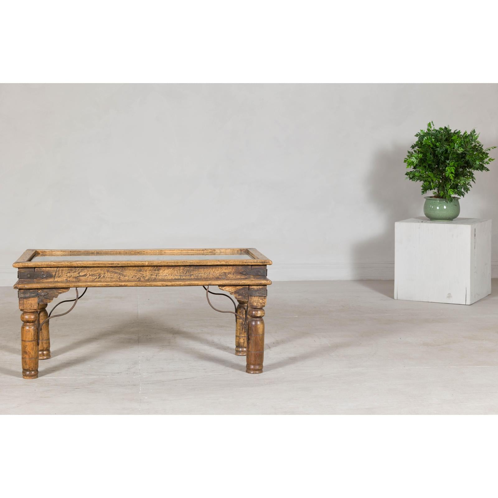 Rustic Coffee Table with Antique Ironwork and Custom Glass - Vintage-2. Asian & Chinese Furniture, Art, Antiques, Vintage Home Décor for sale at FEA Home