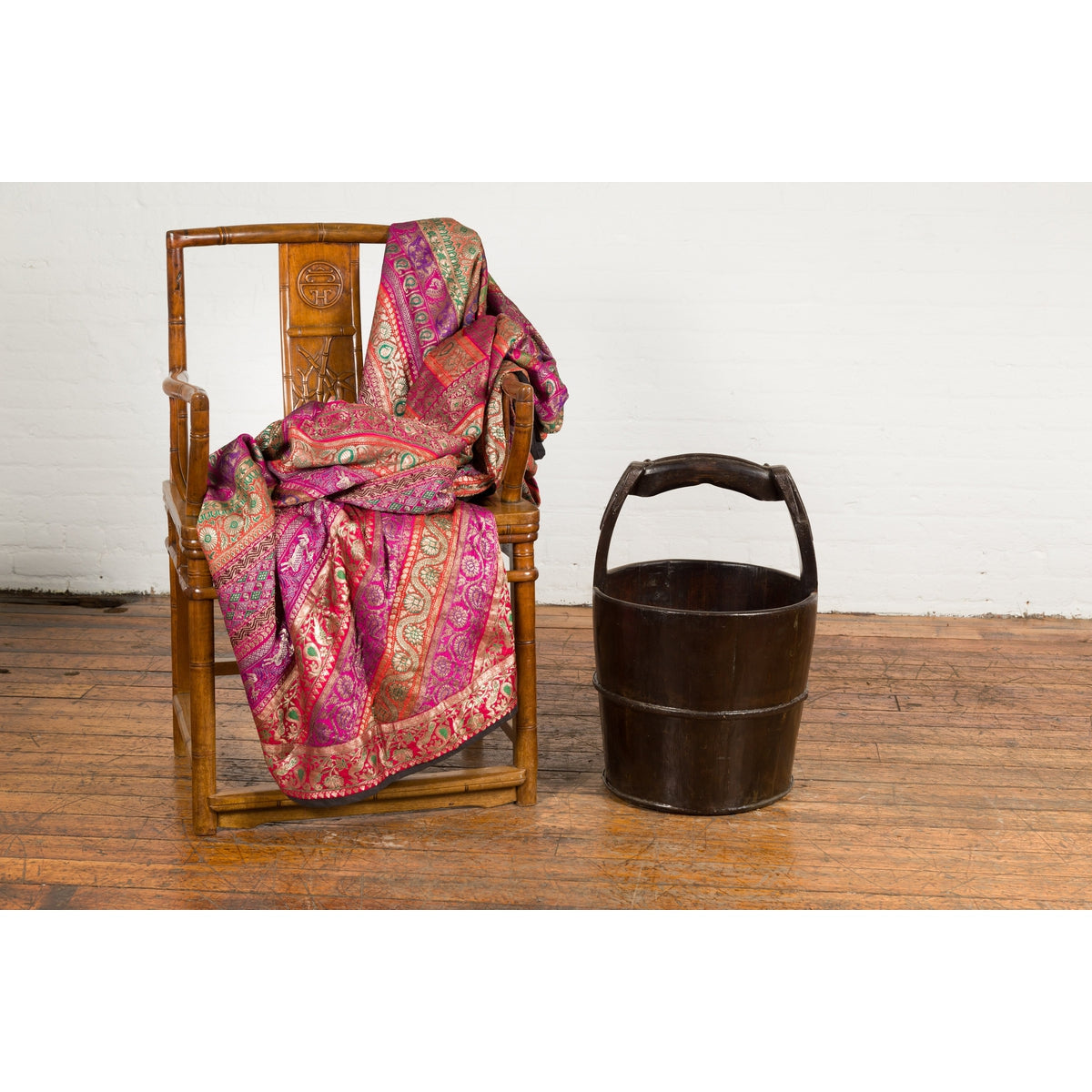 1900s Qing Southern Chinese Wooden Bucket with Large Handle and Metal Accents-3. Asian & Chinese Furniture, Art, Antiques, Vintage Home Décor for sale at FEA Home