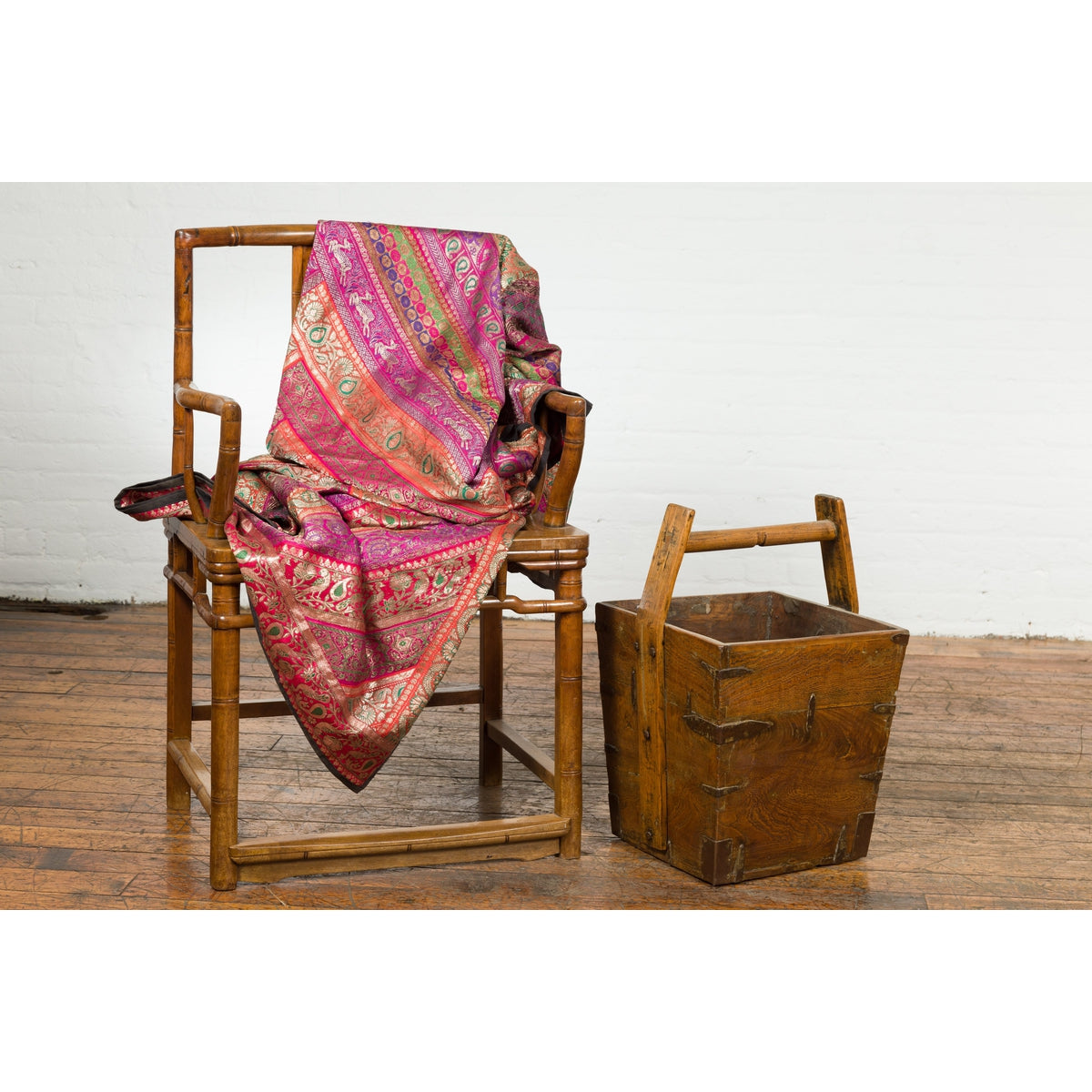 19th Century Wood and Metal Grain Basket with Carrying Handle-4. Asian & Chinese Furniture, Art, Antiques, Vintage Home Décor for sale at FEA Home