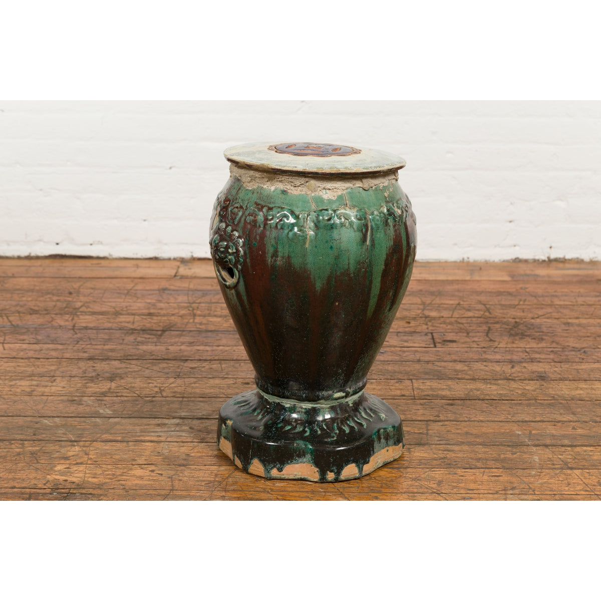 Antique Annamese Green and Brown Glazed Ceramic Garden Seat on Shaped Base-10. Asian & Chinese Furniture, Art, Antiques, Vintage Home Décor for sale at FEA Home