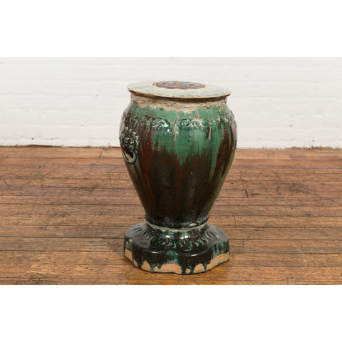 Antique Annamese Green and Brown Glazed Ceramic Garden Seat on Shaped Base-YN7682-10. Asian & Chinese Furniture, Art, Antiques, Vintage Home Décor for sale at FEA Home