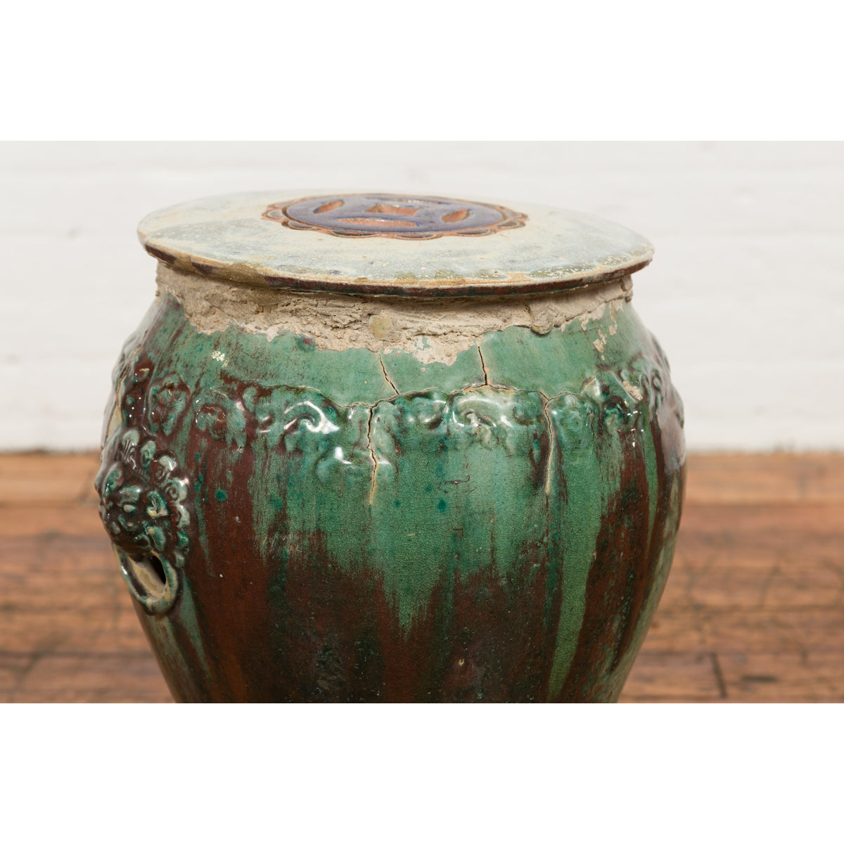 Antique Annamese Green and Brown Glazed Ceramic Garden Seat on Shaped Base-11. Asian & Chinese Furniture, Art, Antiques, Vintage Home Décor for sale at FEA Home