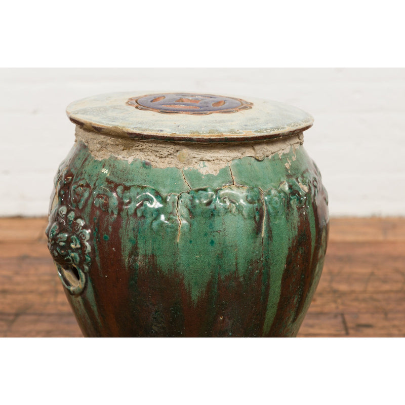 Antique Annamese Green and Brown Glazed Ceramic Garden Seat on Shaped Base-YN7682-11. Asian & Chinese Furniture, Art, Antiques, Vintage Home Décor for sale at FEA Home