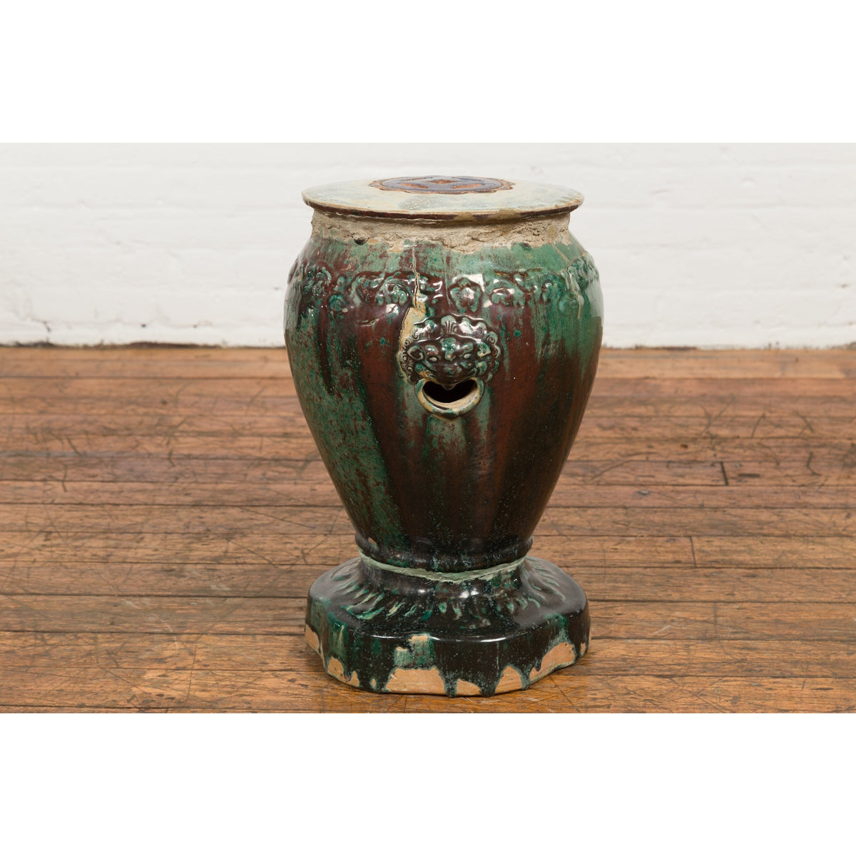 Antique Annamese Green and Brown Glazed Ceramic Garden Seat on Shaped Base-12. Asian & Chinese Furniture, Art, Antiques, Vintage Home Décor for sale at FEA Home