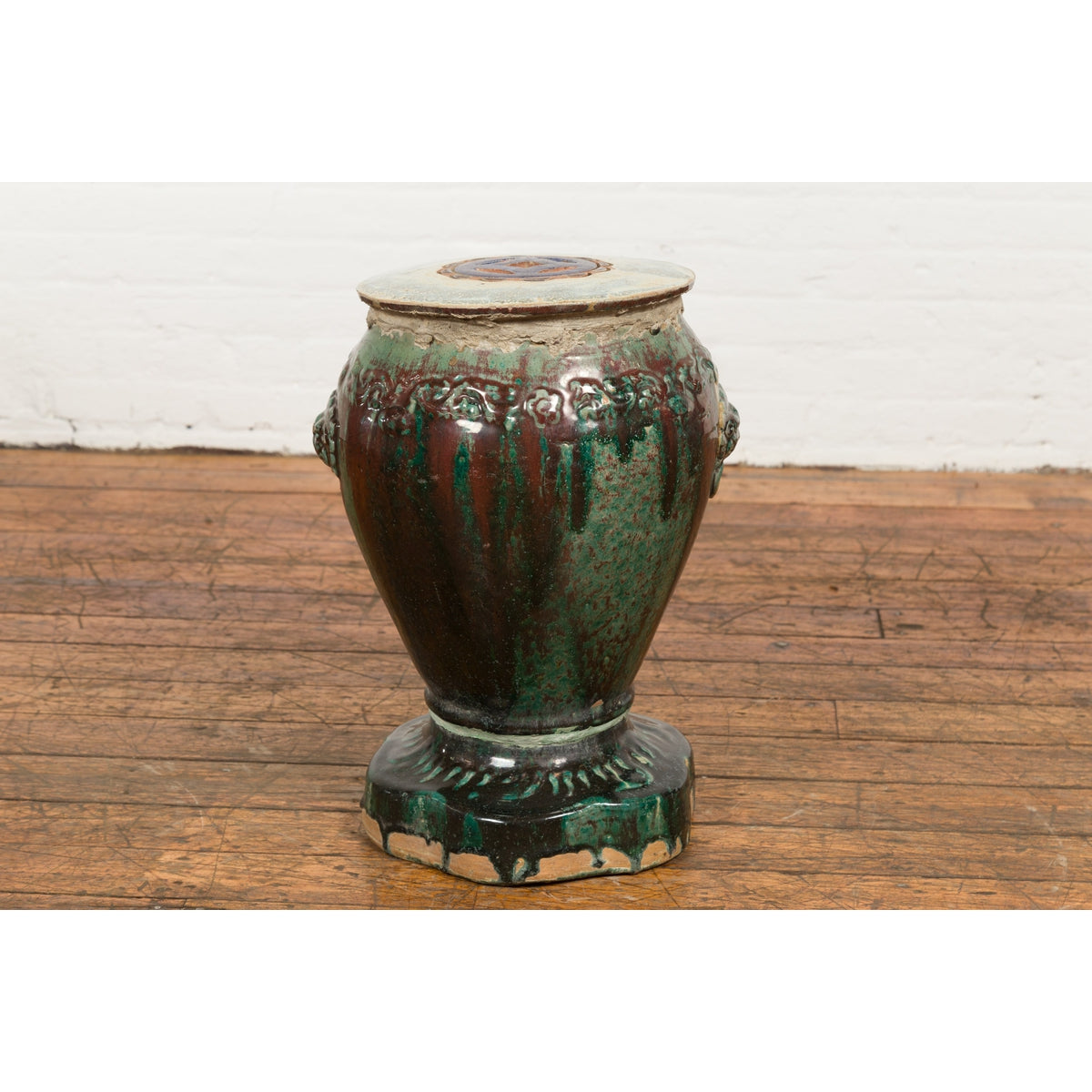 Antique Annamese Green and Brown Glazed Ceramic Garden Seat on Shaped Base-14. Asian & Chinese Furniture, Art, Antiques, Vintage Home Décor for sale at FEA Home