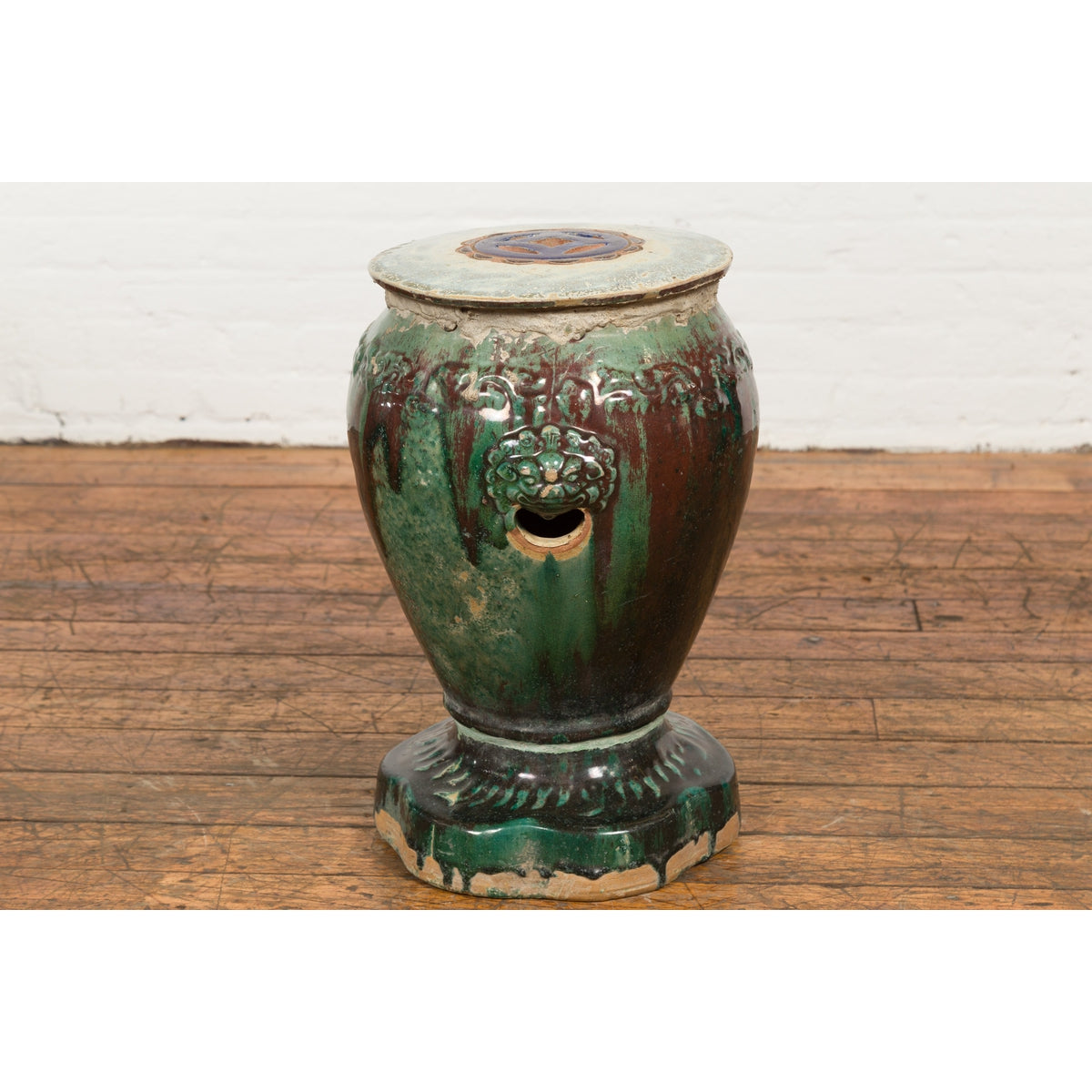 Antique Annamese Green and Brown Glazed Ceramic Garden Seat on Shaped Base-15. Asian & Chinese Furniture, Art, Antiques, Vintage Home Décor for sale at FEA Home