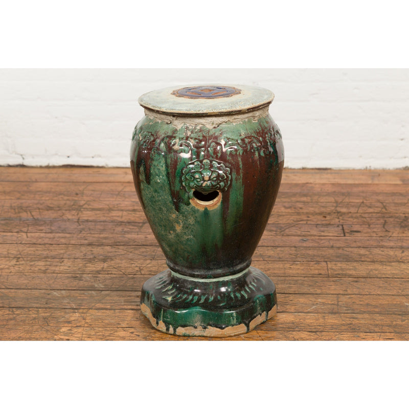 Antique Annamese Green and Brown Glazed Ceramic Garden Seat on Shaped Base-YN7682-15. Asian & Chinese Furniture, Art, Antiques, Vintage Home Décor for sale at FEA Home