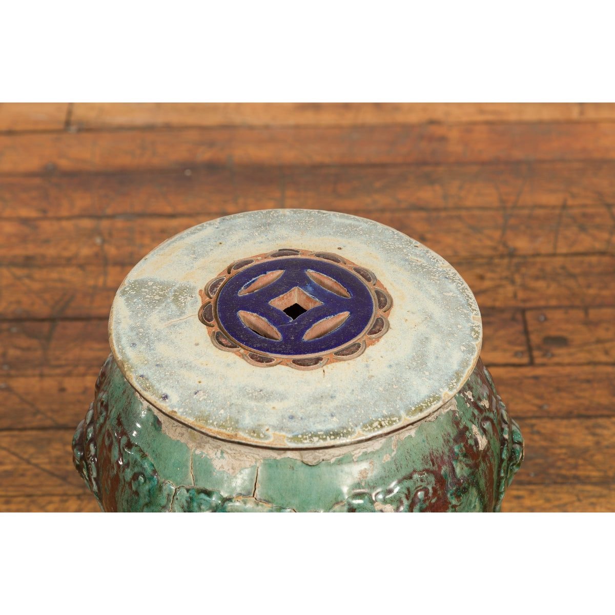 Antique Annamese Green and Brown Glazed Ceramic Garden Seat on Shaped Base-4. Asian & Chinese Furniture, Art, Antiques, Vintage Home Décor for sale at FEA Home