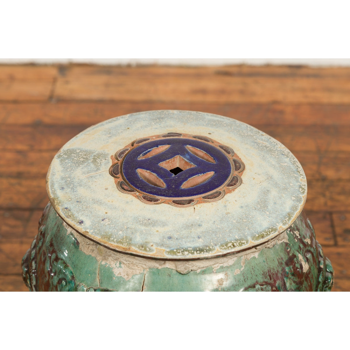 Antique Annamese Green and Brown Glazed Ceramic Garden Seat on Shaped Base-5. Asian & Chinese Furniture, Art, Antiques, Vintage Home Décor for sale at FEA Home