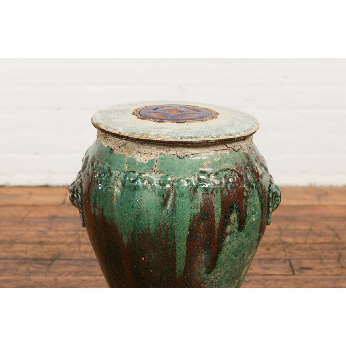 Antique Annamese Green and Brown Glazed Ceramic Garden Seat on Shaped Base-6. Asian & Chinese Furniture, Art, Antiques, Vintage Home Décor for sale at FEA Home