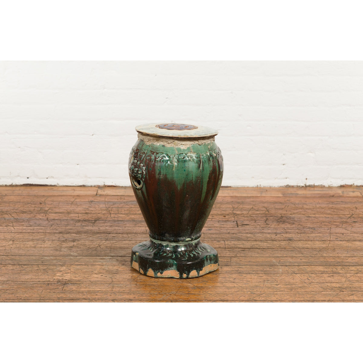 Antique Annamese Green and Brown Glazed Ceramic Garden Seat on Shaped Base-9. Asian & Chinese Furniture, Art, Antiques, Vintage Home Décor for sale at FEA Home
