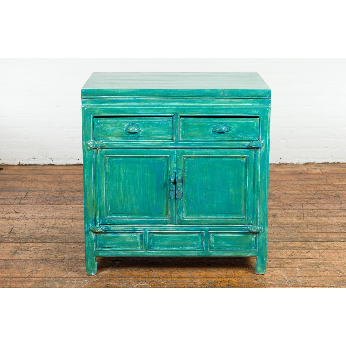 Aqua Teal Side Cabinet with Two Drawers over Two Doors-11. Asian & Chinese Furniture, Art, Antiques, Vintage Home Décor for sale at FEA Home