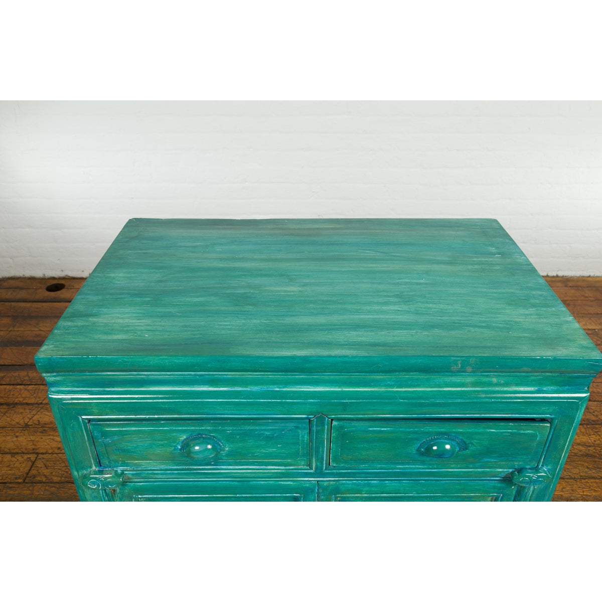 Aqua Teal Side Cabinet with Two Drawers over Two Doors-7. Asian & Chinese Furniture, Art, Antiques, Vintage Home Décor for sale at FEA Home