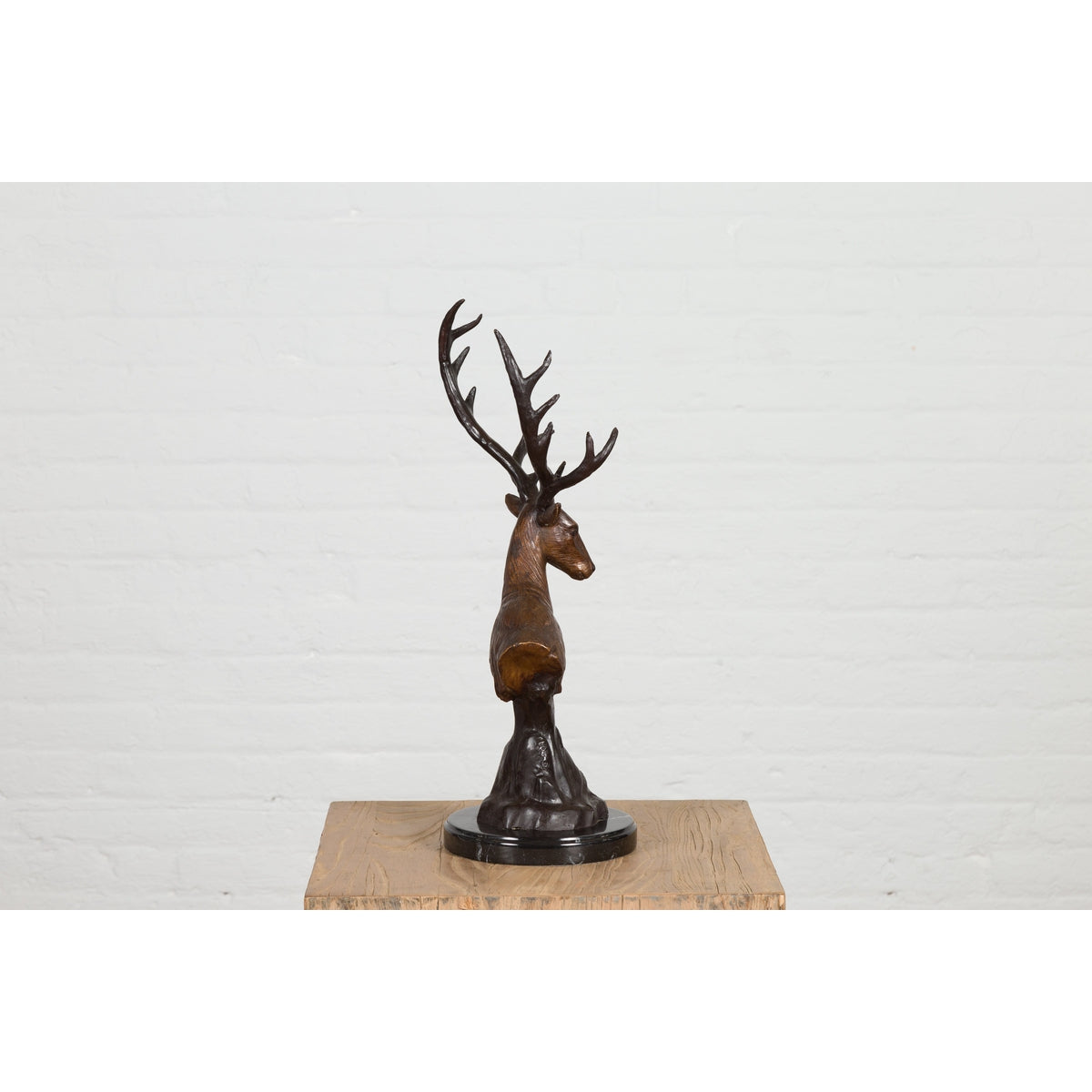 Bronze Stag Head Sculpture on Marble Base Created with Lost Wax Technique-12. Asian & Chinese Furniture, Art, Antiques, Vintage Home Décor for sale at FEA Home