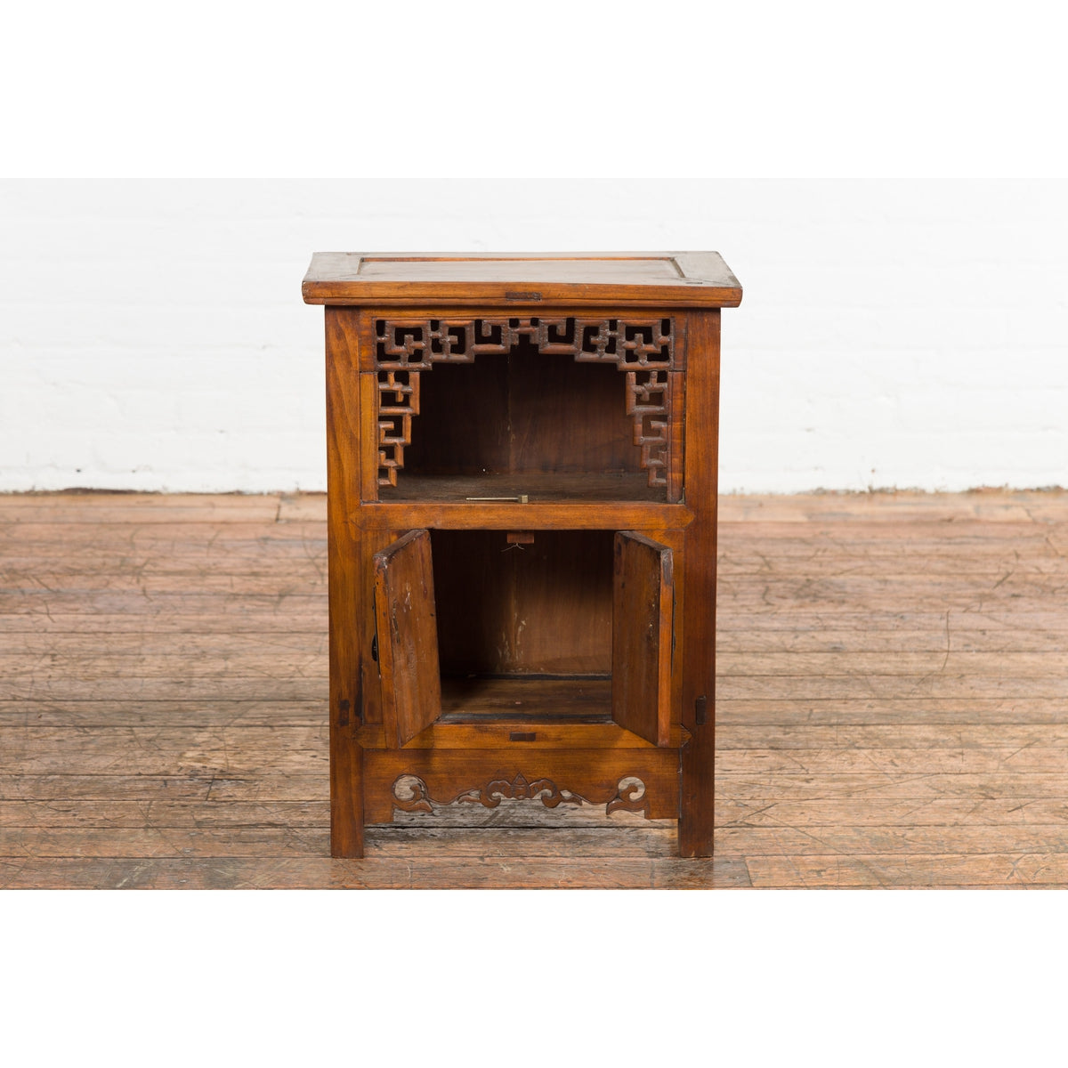 Chinese Qing Dynasty 19th Century Elm Side Cabinet with Fretwork Shelf and Doors-13. Asian & Chinese Furniture, Art, Antiques, Vintage Home Décor for sale at FEA Home