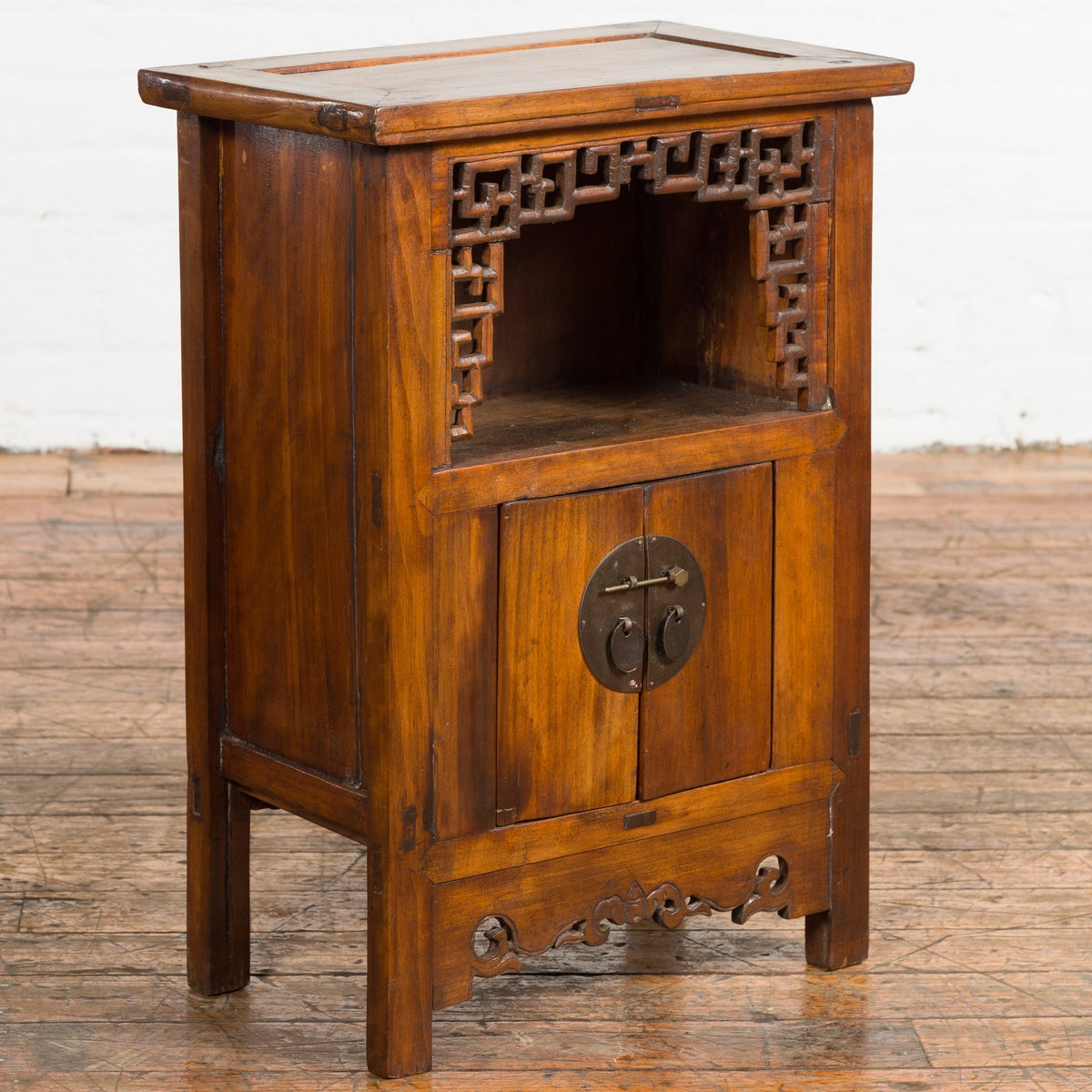 Chinese Qing Dynasty 19th Century Elm Side Cabinet with Fretwork Shelf and Doors-2. Asian & Chinese Furniture, Art, Antiques, Vintage Home Décor for sale at FEA Home